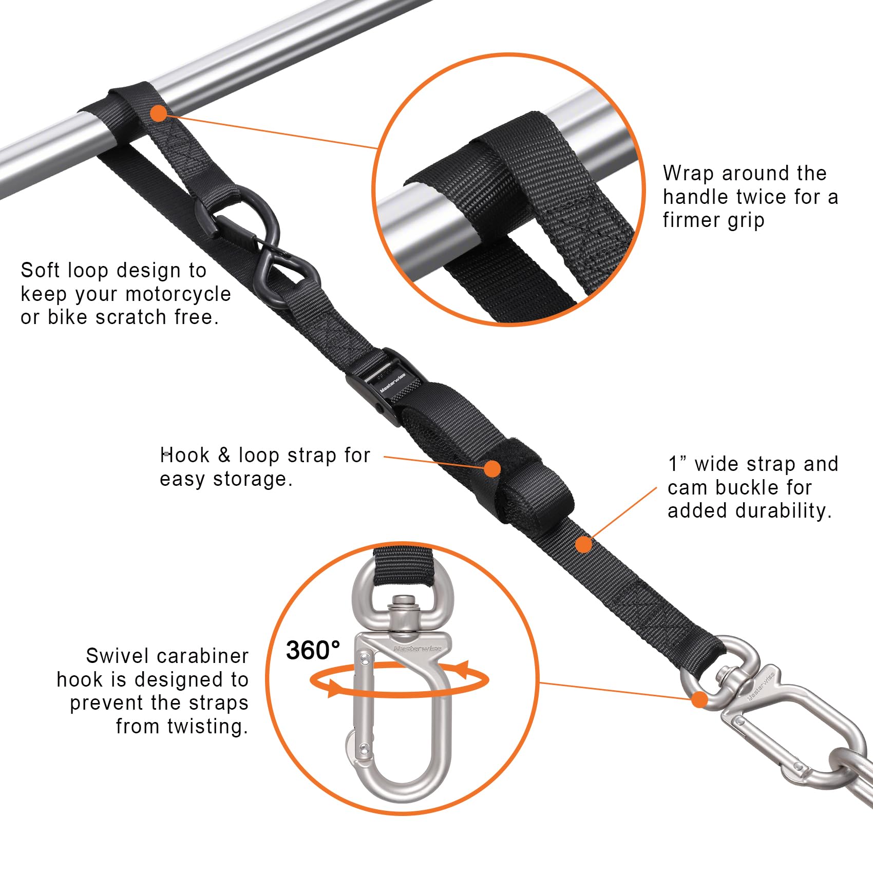 Masterwise Tie Down Straps,1" x 8’ Tie Downs with Swivel Carabiner Hooks, Motorcycle Handlebar Straps for Dirt Bike Kayak - Image 4