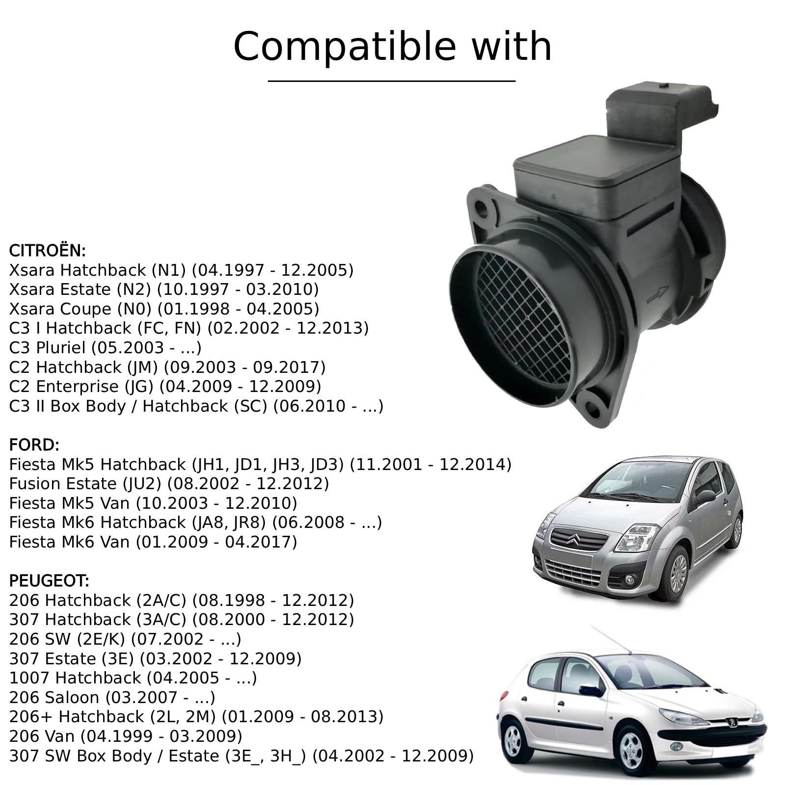 Twowinds - Debimetro 5WK9631 Compatibile con Citroën C2 C3 Xsara, Ford Fiesta Fusion, Peugeot 1007 206 307-5WK9631Z - 9642212180-9657533680 - Misuratore Massa Aria