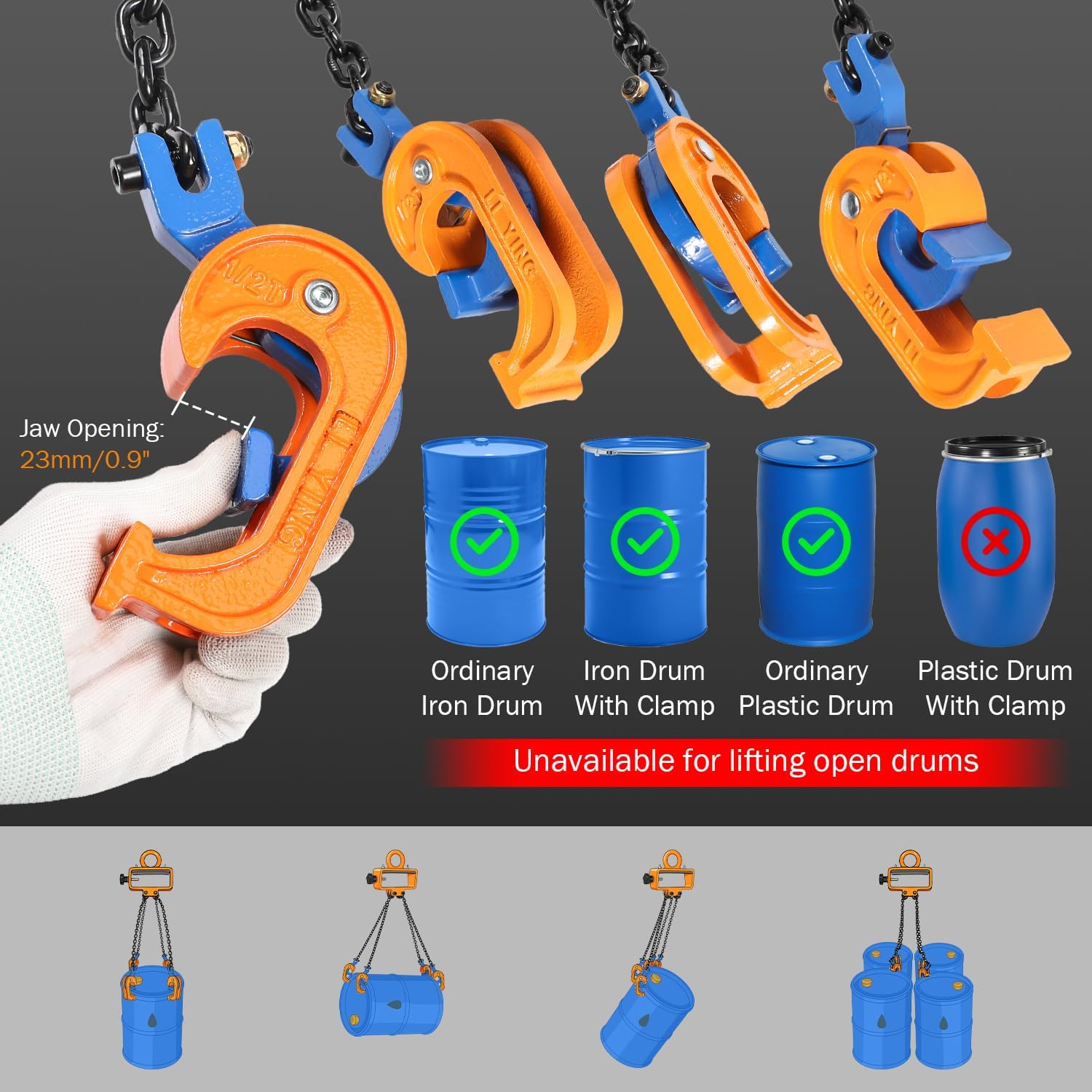 BEAMNOVA Upgraded Chain Drum Lifter, 2 Ton / 4400lbs Loading Capacity, for 55 Gallon Drums, Forklift Hoist Crane Metal Plastic Barrel Double Lifting Chains, 4 Hooks & Chains