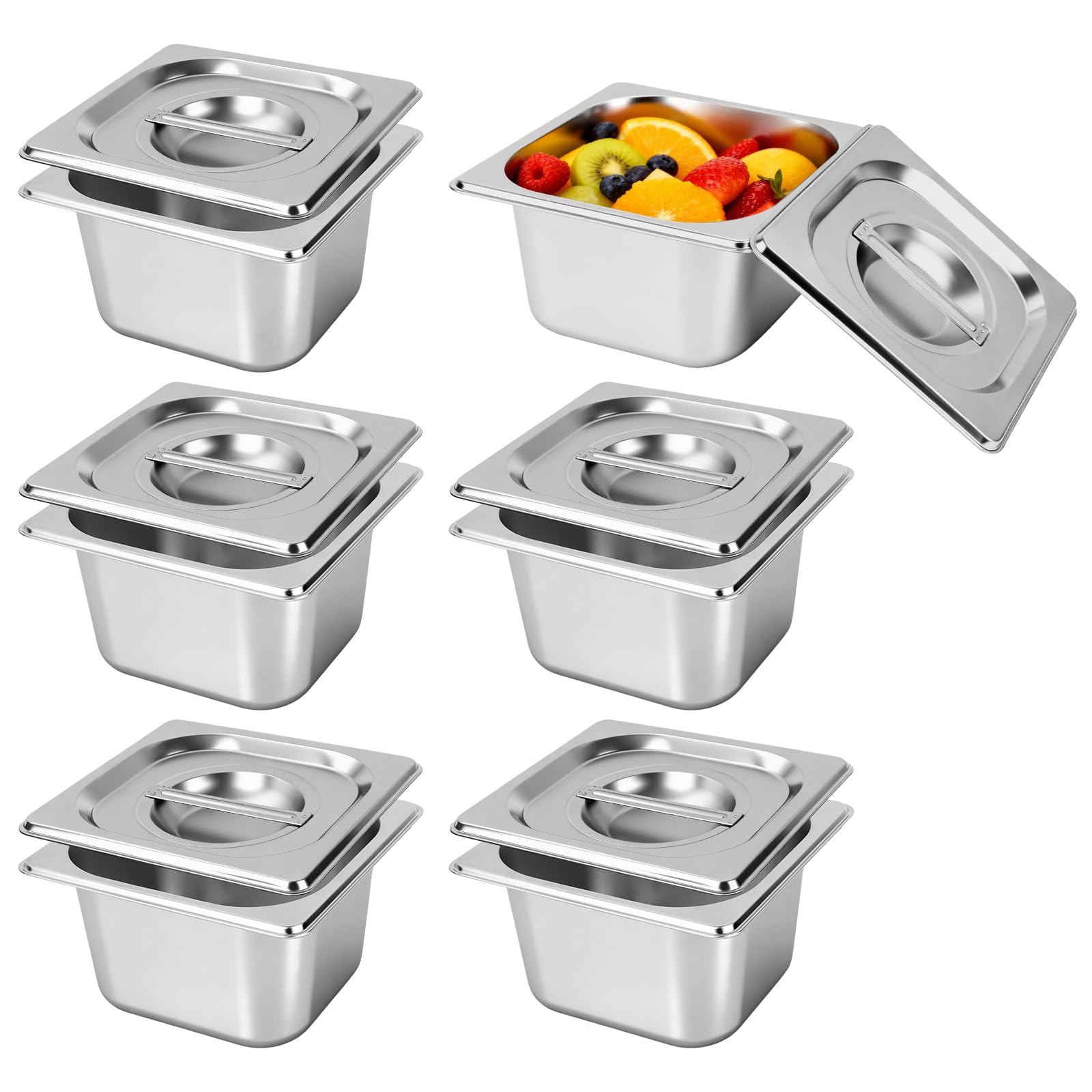 Contenitore GN 1/6, Set da 6 Vasche GN 1/6 in Acciaio Inox | Vaschette Inox da 10 cm di Profondità con Coperchio, Contenitori Gastro Impilabili, Bacinelle per Bagnomaria e Conservazione
