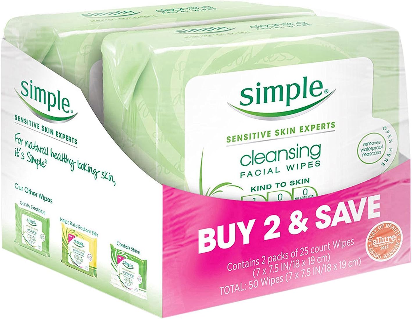 Kind to Skin Facial Wipes, Cleansing 25 ct, Twin Pack