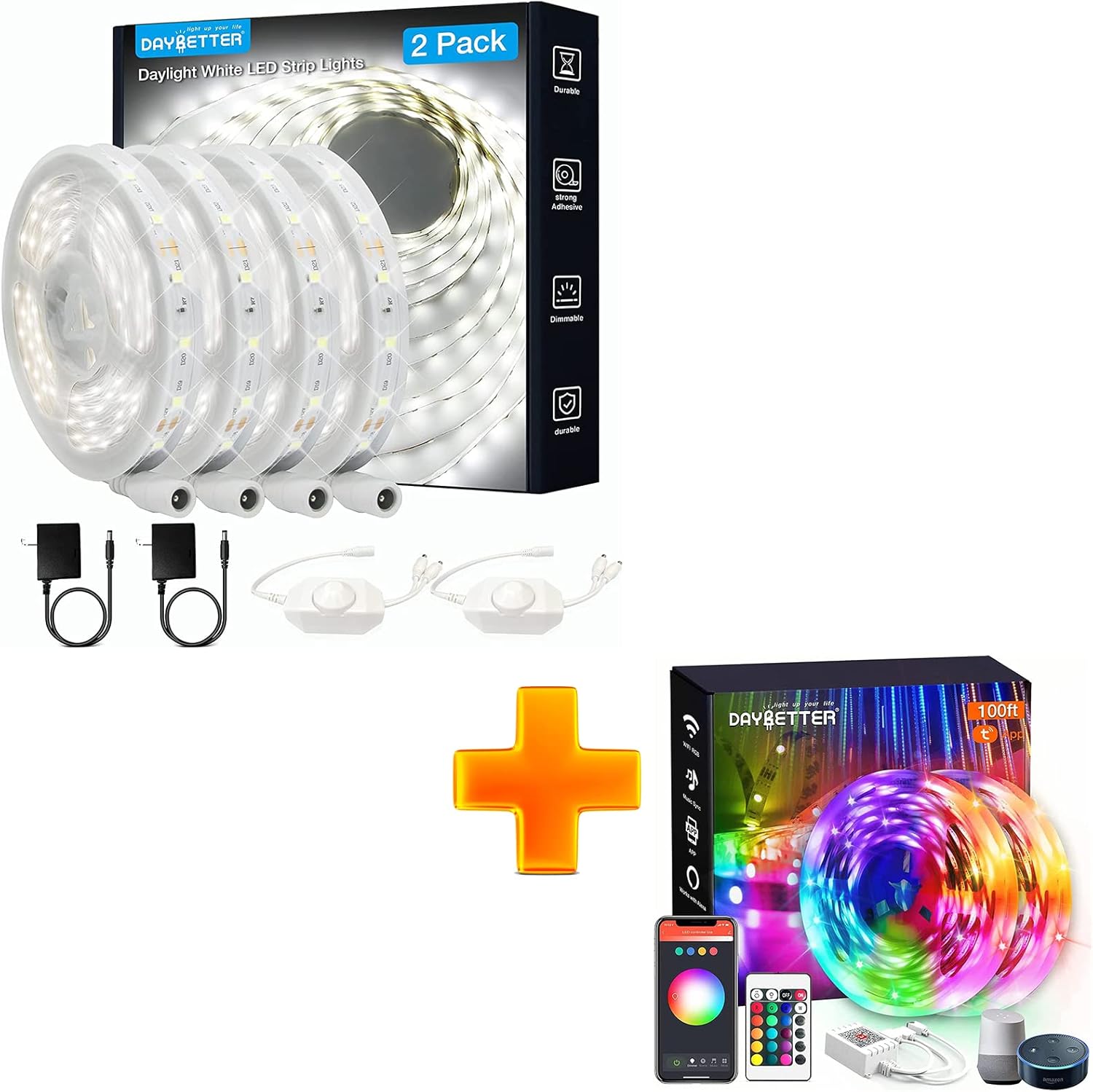 DAYBETTER 2 Pack White LED Strip Light, 40ft Dimmable