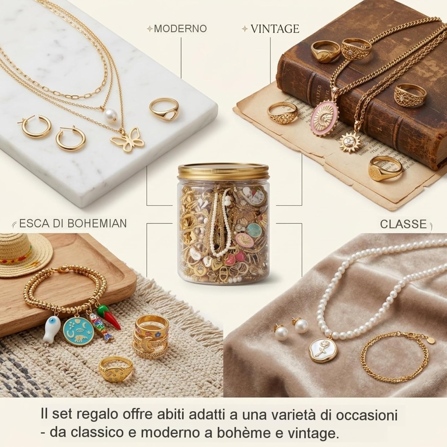 Generico Barattolo misterioso per gioielli Set di gioielli in argento casuali in lega da 30 pezzi (orecchini,collane,anelli) Barattolo trasparente con coperchio per rega (argento e dorato (2PCS))