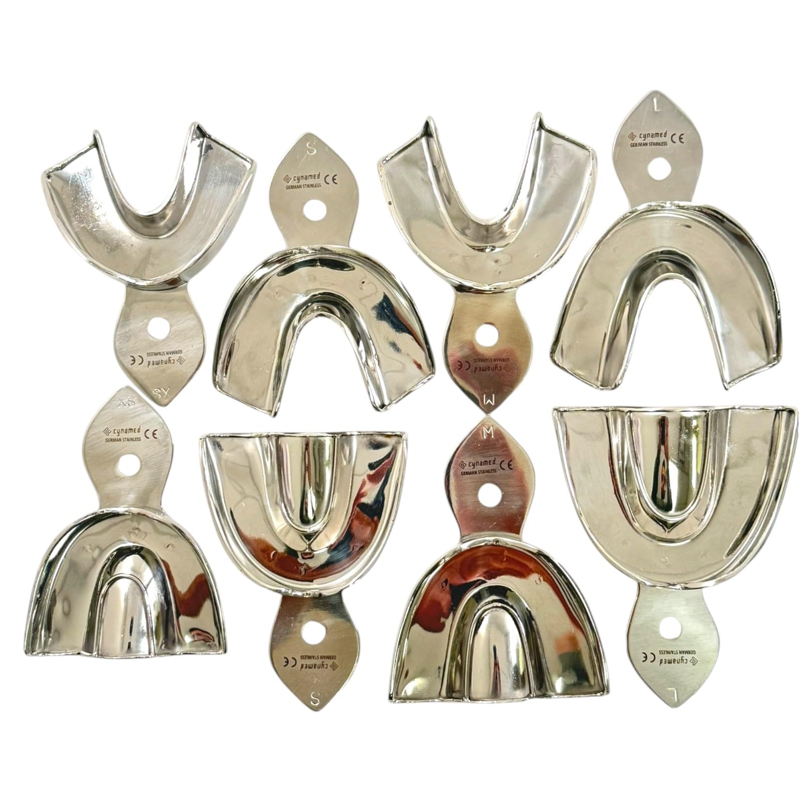 Denture Impression Tray Kit of 8pcs | Lower & Upper Trays, Solid Non-Perforated Style | Extra-Small, Small, Medium, and Large Sizes | German Stainless Steel Lab Tools