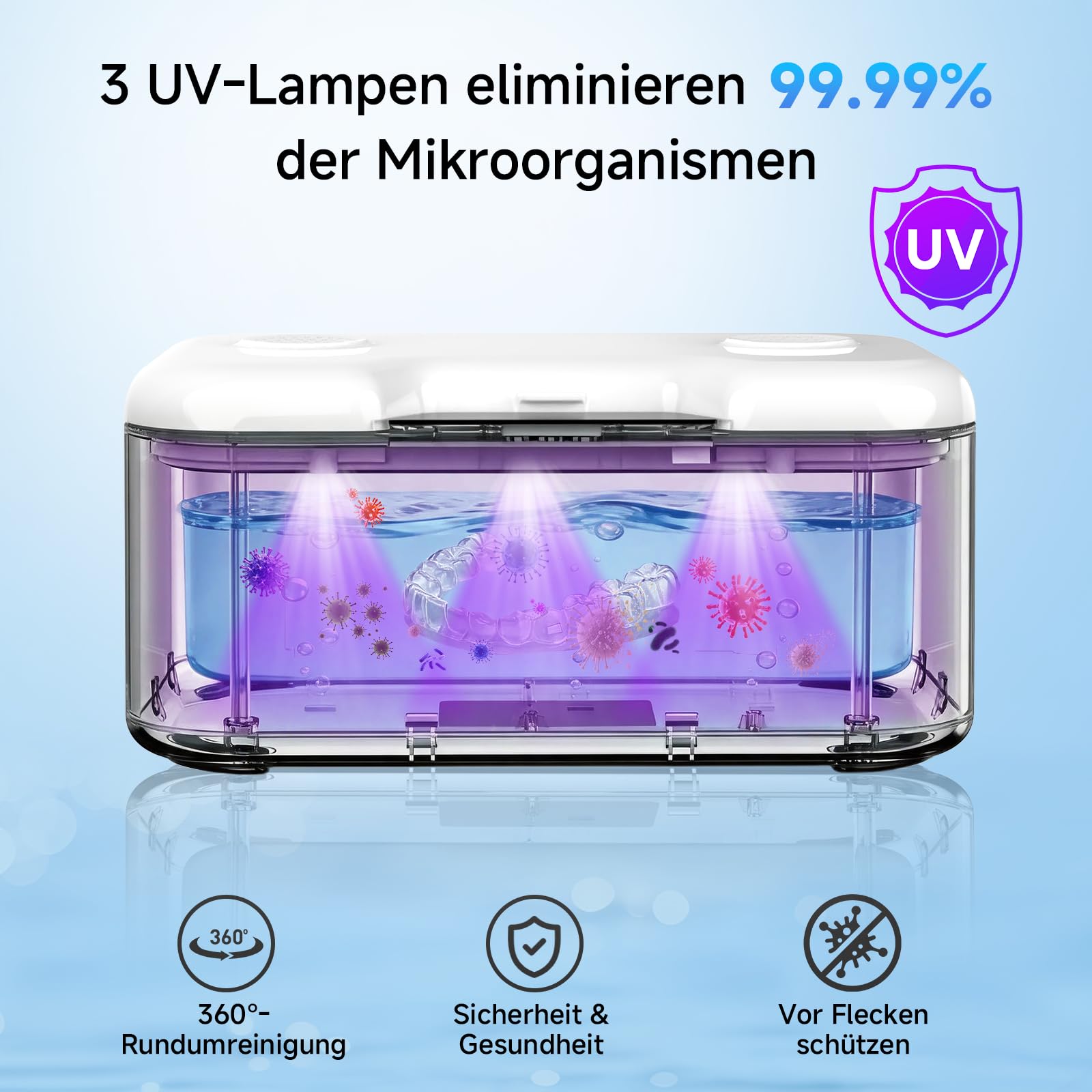 Ultraschallreinigungsgerät mit UV 500 ML, 45 kHz ultraschallreiniger 4 Timer-Modi, Ultrasonic Cleaner für Schmuck, Zahnersatz, Retainer, Aligner Zahnschiene und Prothesen