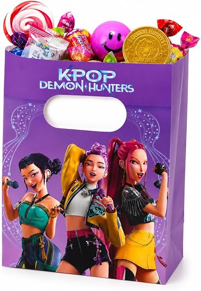 Lot de 4 sacs de fête - Motif chasseur de démons - Pour cadeaux d'anniversaire d'enfant et fête à thème Kpop - En papier - Avec poignée de transport - 16 x 22 cm - Fête d'anniversaire d'enfant