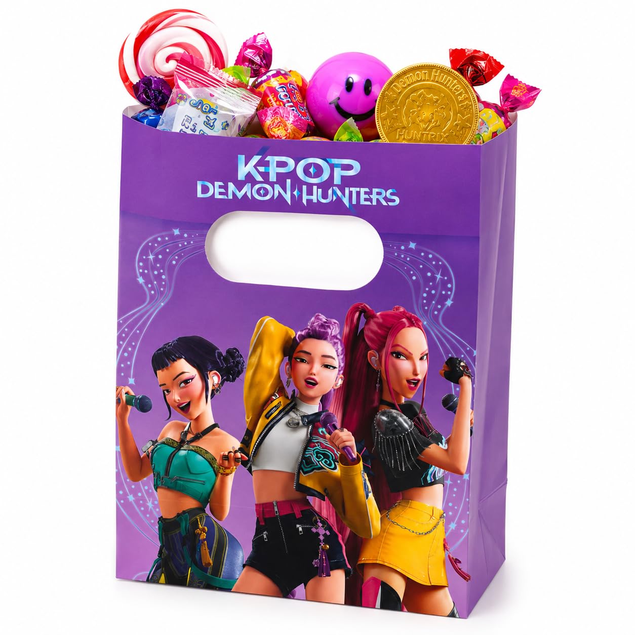 Lot de 4 sacs de fête - Motif chasseur de démons - Pour cadeaux d'anniversaire d'enfant et fête à thème Kpop - En papier - Avec poignée de transport - 16 x 22 cm - Fête d'anniversaire d'enfant