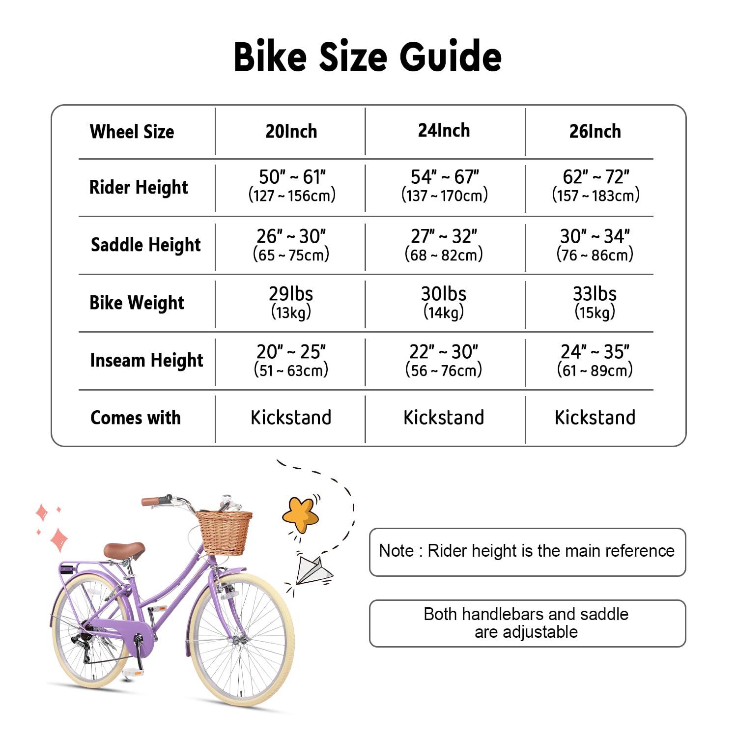 Glerc Missy 26" Pulgadas Bicicleta para Niñas Cruiser Juvenil Adolescente Mujer Bicicleta Híbrida Urbana de 6 Velocidades para Adolescentes de 14, 15, 16, 17, 18, 19, 20 Años con Cesta de Mimbre y