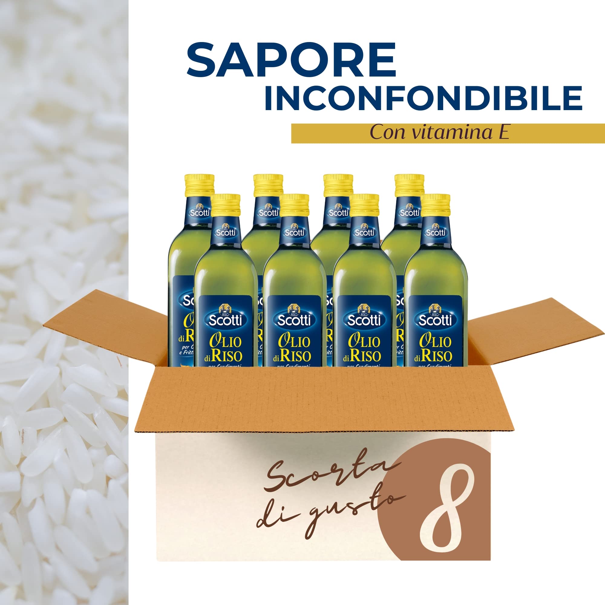 Riso Scotti Olio di Riso - Bottiglia per Condimenti e Fritture Delicate - Sapore Dolce per Cibi Freddi e Insalate - Fonte di Vitamina E, 0,75L x 8 pz