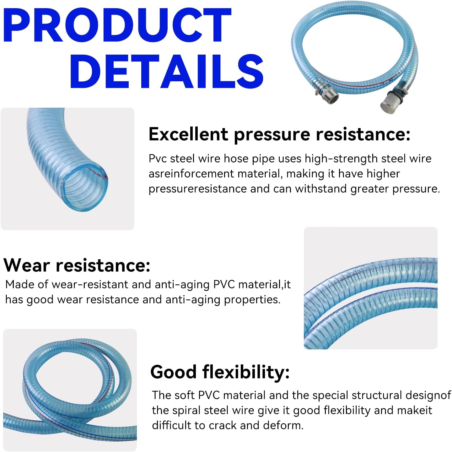 Fuel Transfer Hose 1" x 6.5FT, with SS NPT Fittings & Filter, for Diesel Gas DEF, Wire Reinforced Suction Hose for 3/4" & 1" Transfer Pump