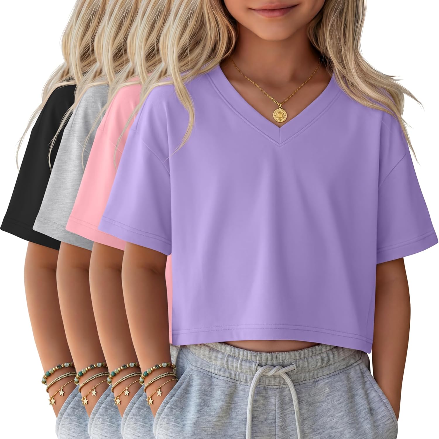 4 Pack Girls V Neck Crop Tops Short Sleeve Loose Fit T Shirts Summer Casual Cropped Top for Kids Size 5-14 Years
