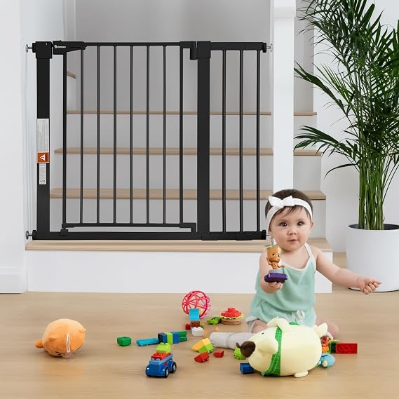 COMOMY 30 Tall Baby Gate for Stairs Doorways, Fits Openings 29.5 to 40.5 Wide, Auto Close Extra Wide Dog Gate for House, Pressure Mounted Easy Walk Through Pet Gate with Door, Black