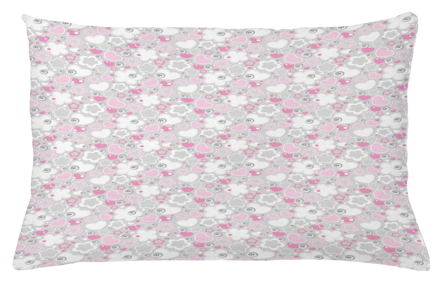 Lunarable Grey Throw Pillow Cushion Cover, Patchwork Style Abstract Flowers Hearts Buttons Girls Design, Decorative Square Accent Pillow Case, 26
