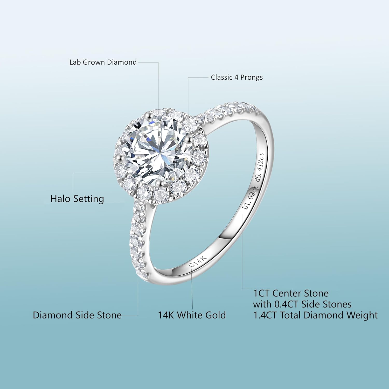 Halo 14k White Gold 0.5 to 2.5 Cttw IGI Certified LAB Grown Diamond Engagement Rings with Side Stones, Anniversary Wedding Promise Rings Jewelry Gifts for Women, Clarity VS1-VS2, D E F Color