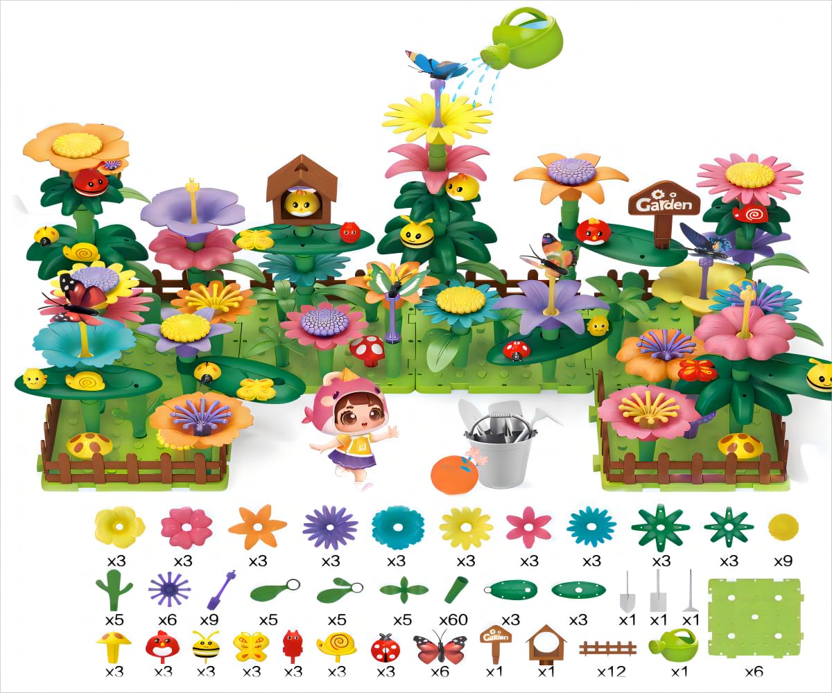 191 Pcs Flower Garden Building Toys for Girls Boy 3 4 5 6 7 Year Old, Prefect Gifts, Upgrade DIY Stacking Toys, Art Arrangement Gift, Boys Early Educational Learning STEM Game, Flower Garden Building