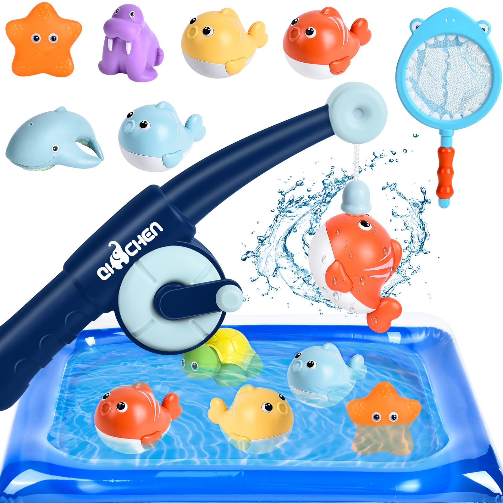 IEEILULU Juego de Juguetes de Baño para Niños, 15 Piezas Juguete de la Flotando Pesca con Piscina Inflable, Red de Pesca, Animales Marinos de Chorro para la Bañera y la Piscina Infantil
