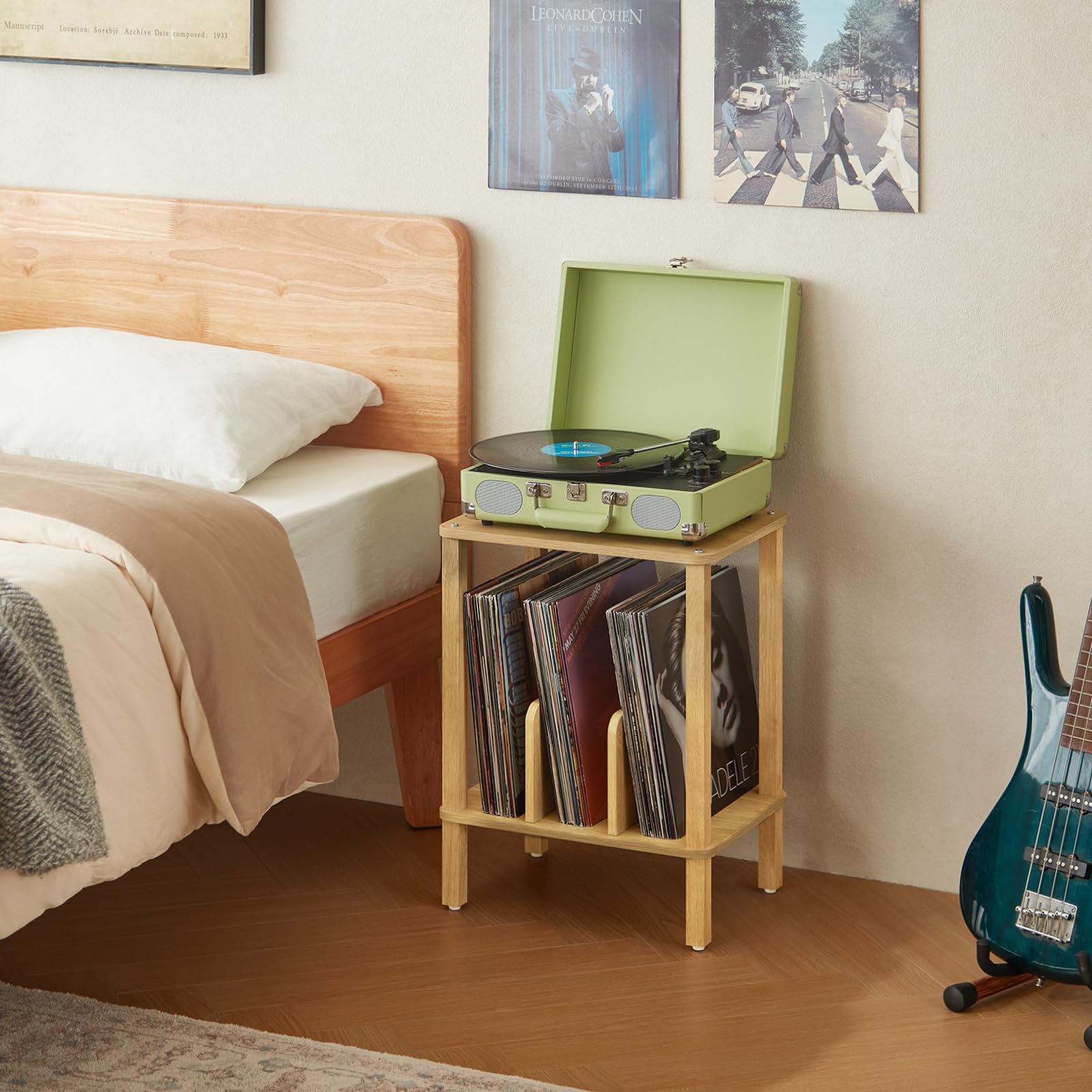 LELELINKY 2-Tier Stand de Disque en Bambou avec disques vinyles de Stockage jusqu'à 100 Albums, Porte-Disque Chambre Boho et Table d'extrémité Multifonctions pour Le Salon,Bois Naturel