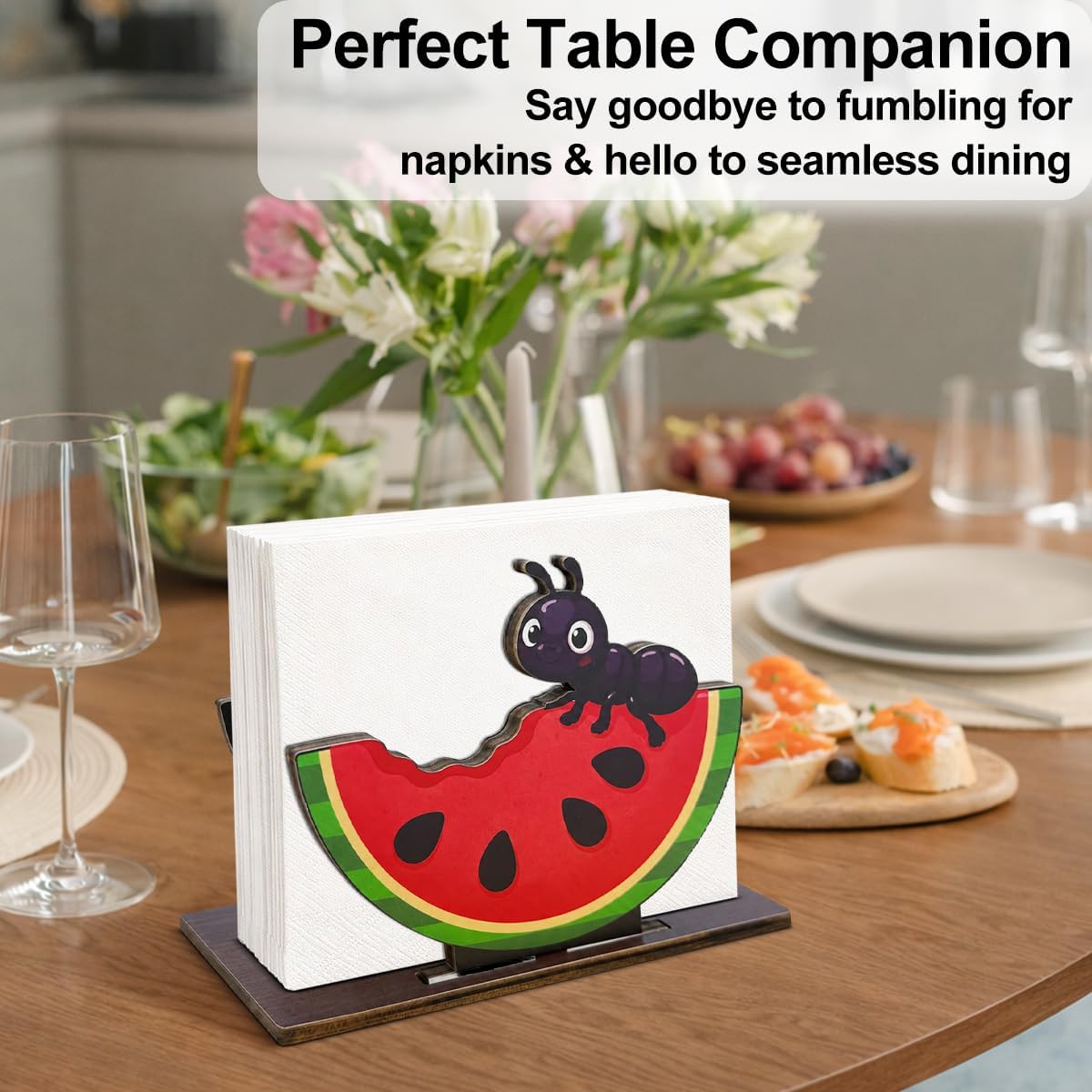 Summer Ant Watermelon Wooden Napkin Holder for Table Cute Watermelon Wood Napkin Dispenser for Home Kitchen Dining Room Decor Napkins Tissue Holder image 5