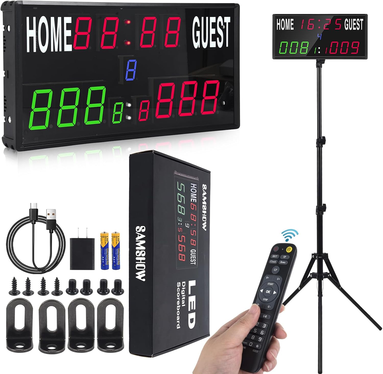 Samshow 2025 LED Electronic Scoreboard Digital Score Keeper with Remote, Basketball Scoreboard with Shot Clock & Timer & 12/24h Real Time for Football/Corn Hole/ping Pong/Table Tennis