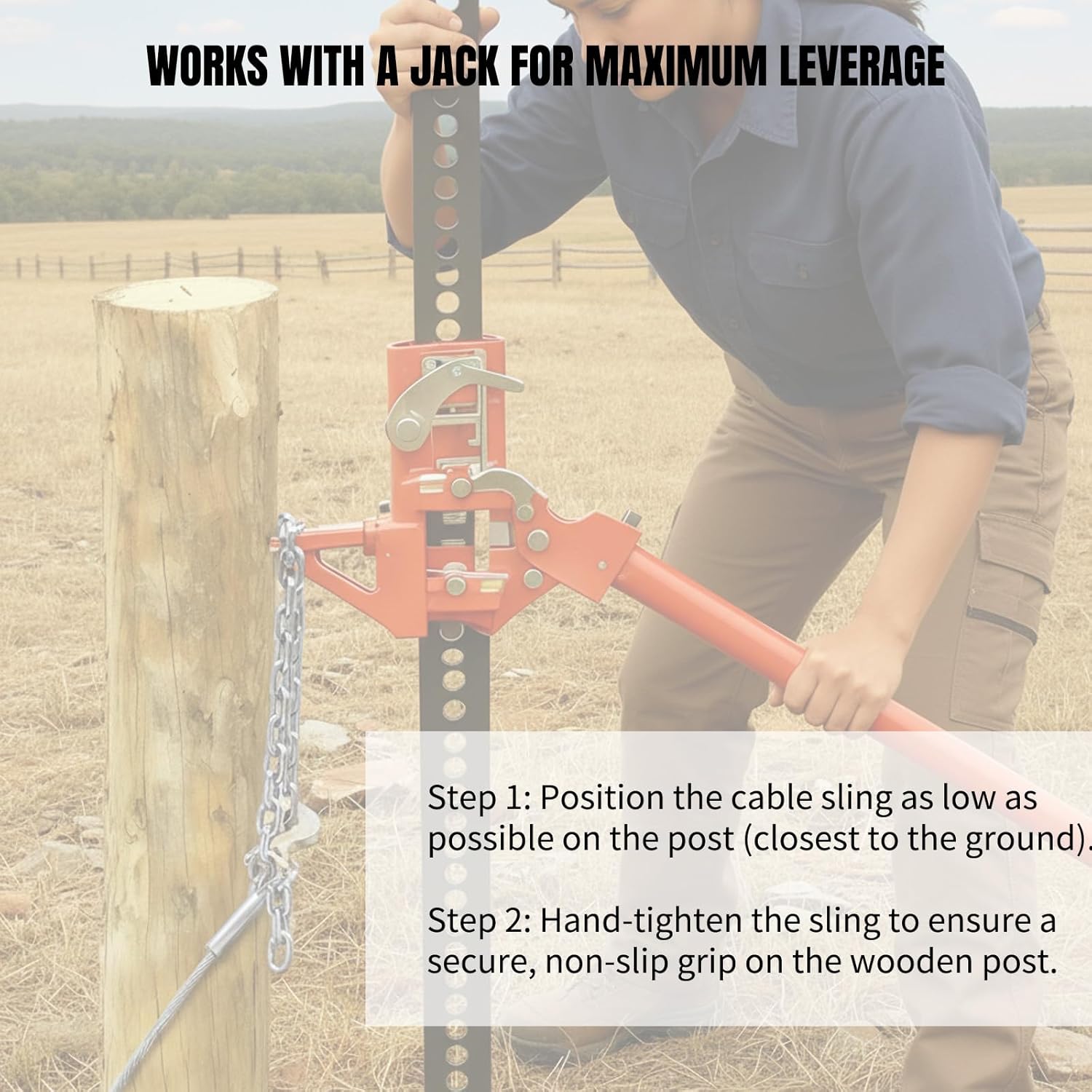 Heavy-Duty Fence Post Puller Tool with Galvanized Cable & Chain, Works with Jack or Lever to Effortlessly Extract 4x4 Broken Posts for Residential Agricultural Fence Repair & Replacement