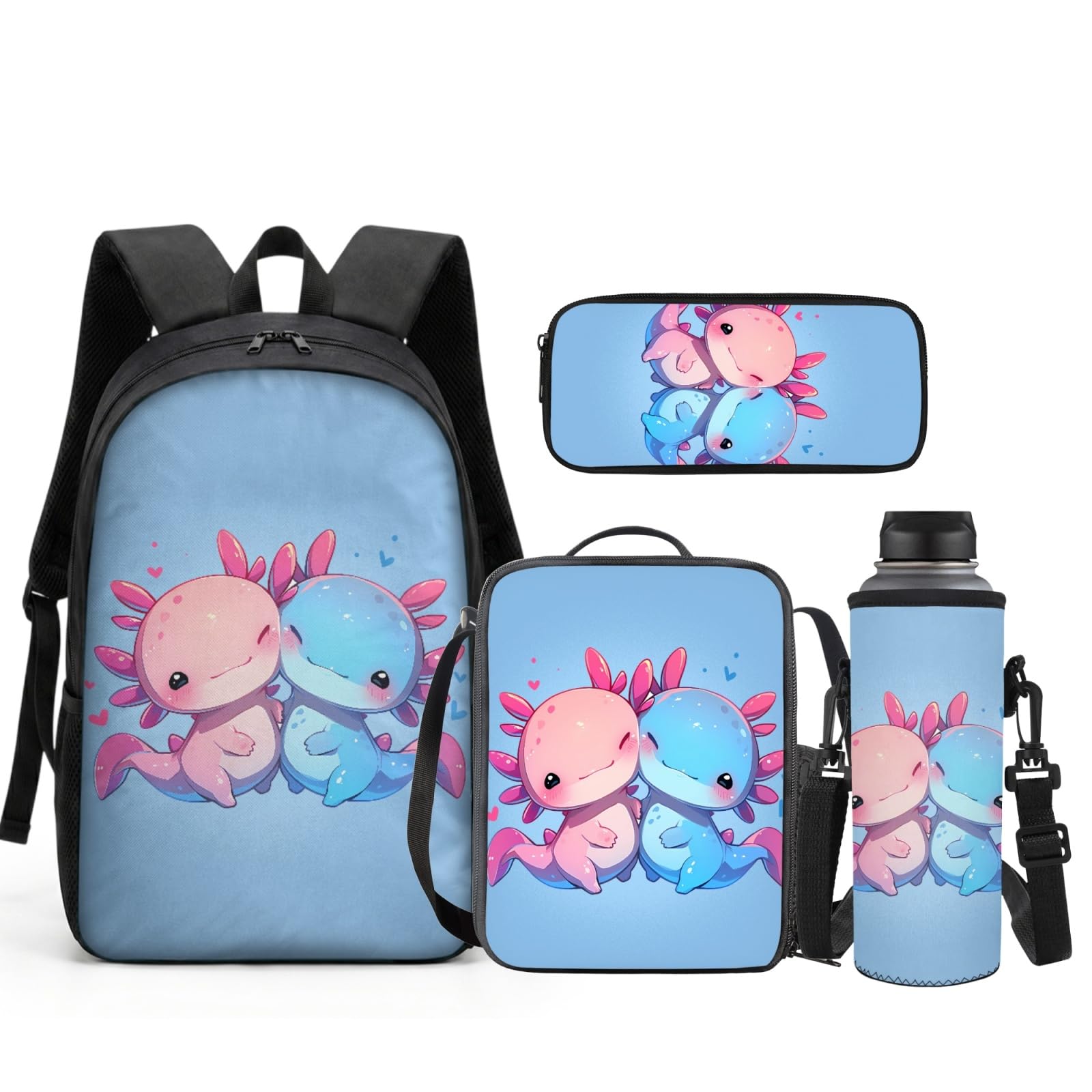 JEOCODY Axolotl School Backpack and Lunch Box for Girls Boys School Bags Set Elementary School Bags with Pencil Case and Bottle Holder for Kindergarten Primary School Bookbag Set of 4