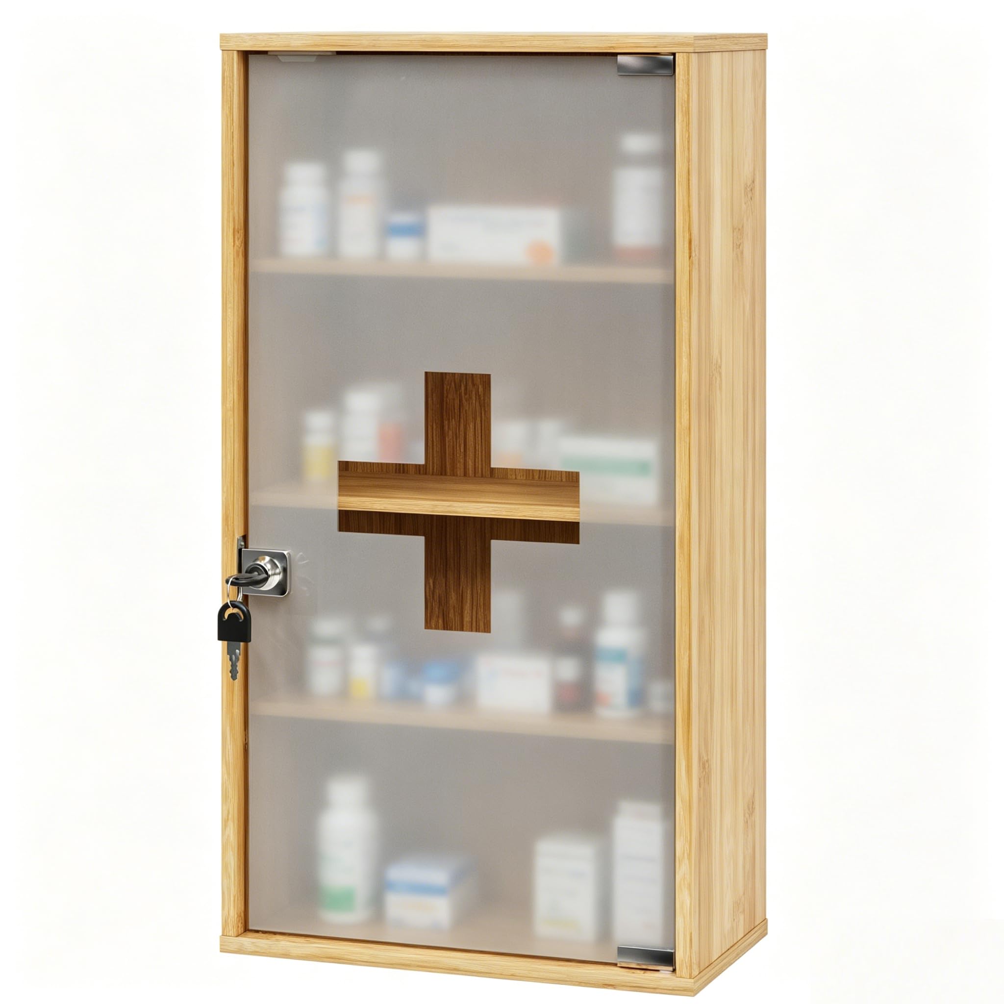HEYZOEY Armoire à pharmacie en bambou verrouillable à fixer au mur avec 4 compartiments, pharmacie domestique pour salle de bain, 65 x 35 x 18 cm, grande armoire à pharmacie pour un usage domestique