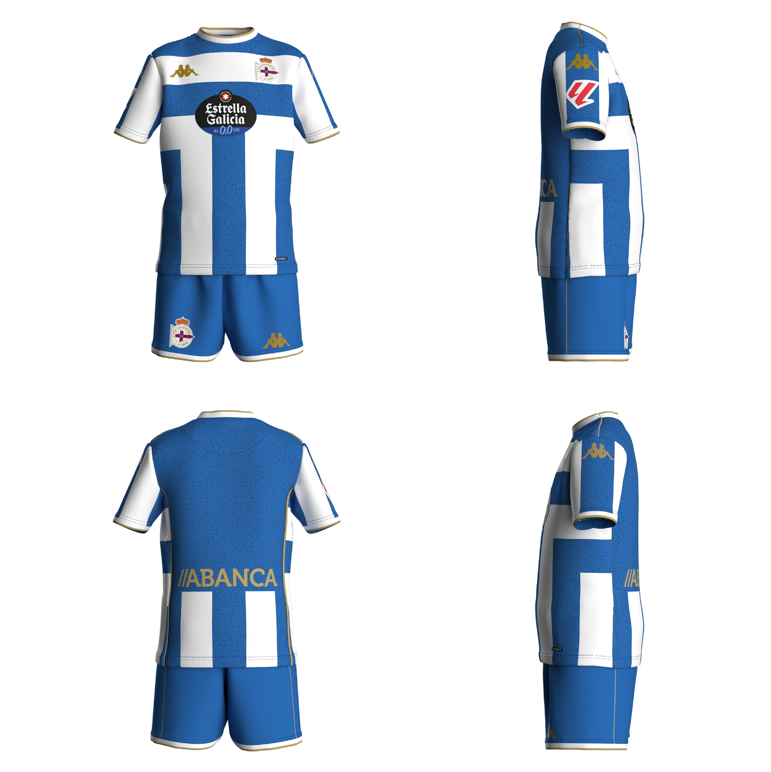 Kappa Kombat Sport della Corrugna 25/26 - Kit Junior 1ª Equipaggiamento - Maglietta e Pantaloni per Bambini - Maniche Corte e Collo Rotondo - Design di qualità e Stile Sportivo - Blue/White/Gold 5Y