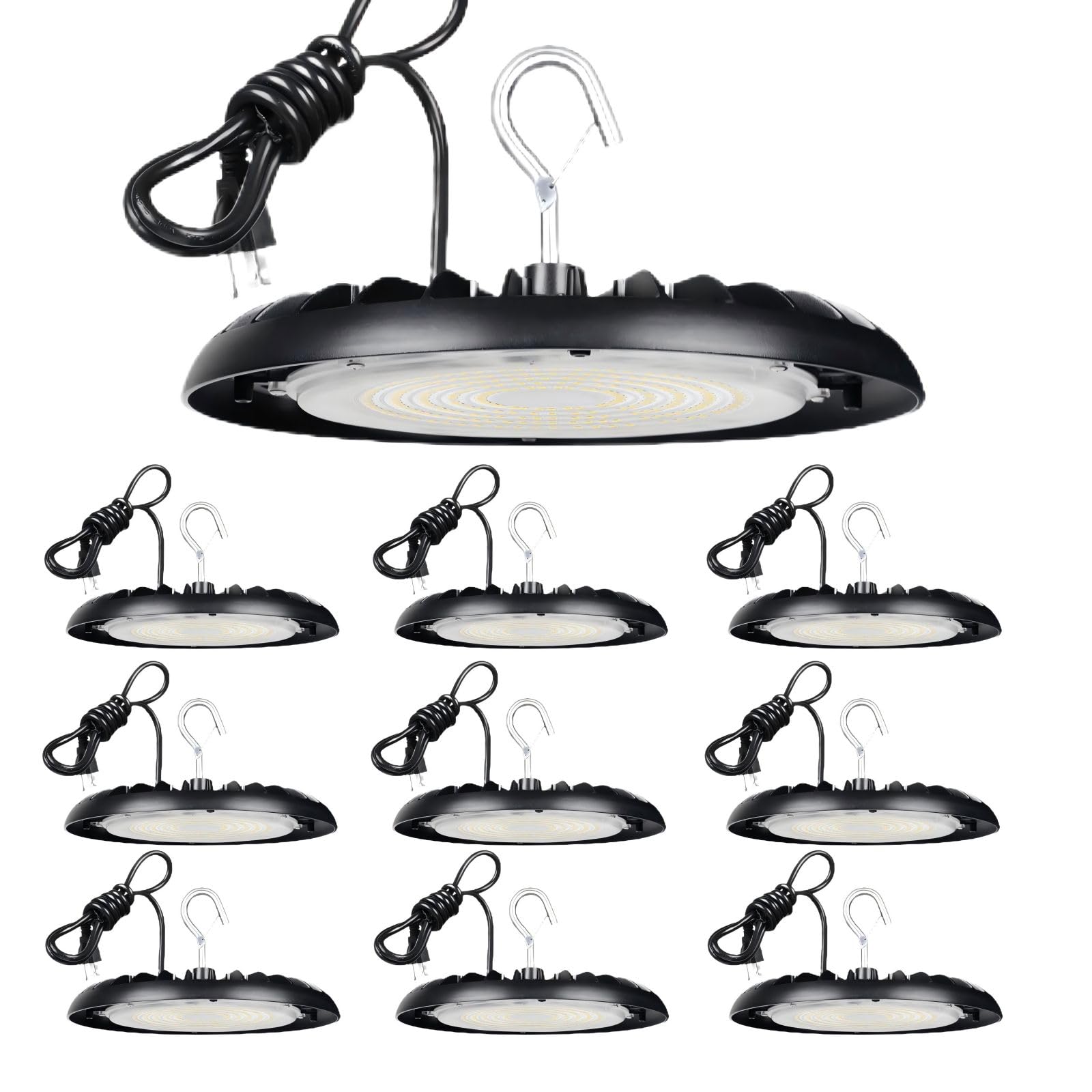 Oświetlenie magazynowe UFO High Bay 150 W – 16500 lm, 5000 K, IP65, do garażu i warsztatu, 120 V, z certyfikatem ETL, z kablem wtykowym o długości 5 stóp(10pack)