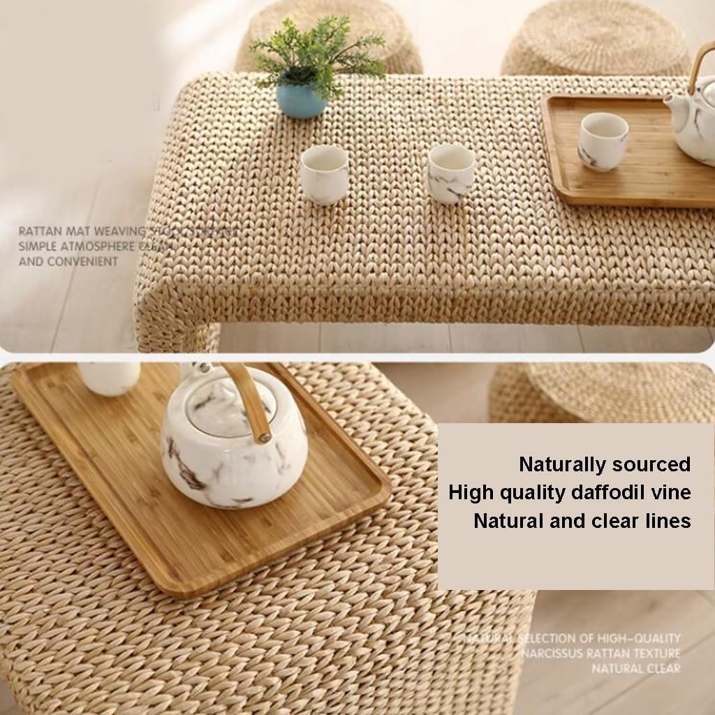 Solid Wood Straw Rattan Coffee Table - Small & Rectangular - Ideal for Bedroom, Dining, Balcony, Tea Ceremony - Size: 100cm