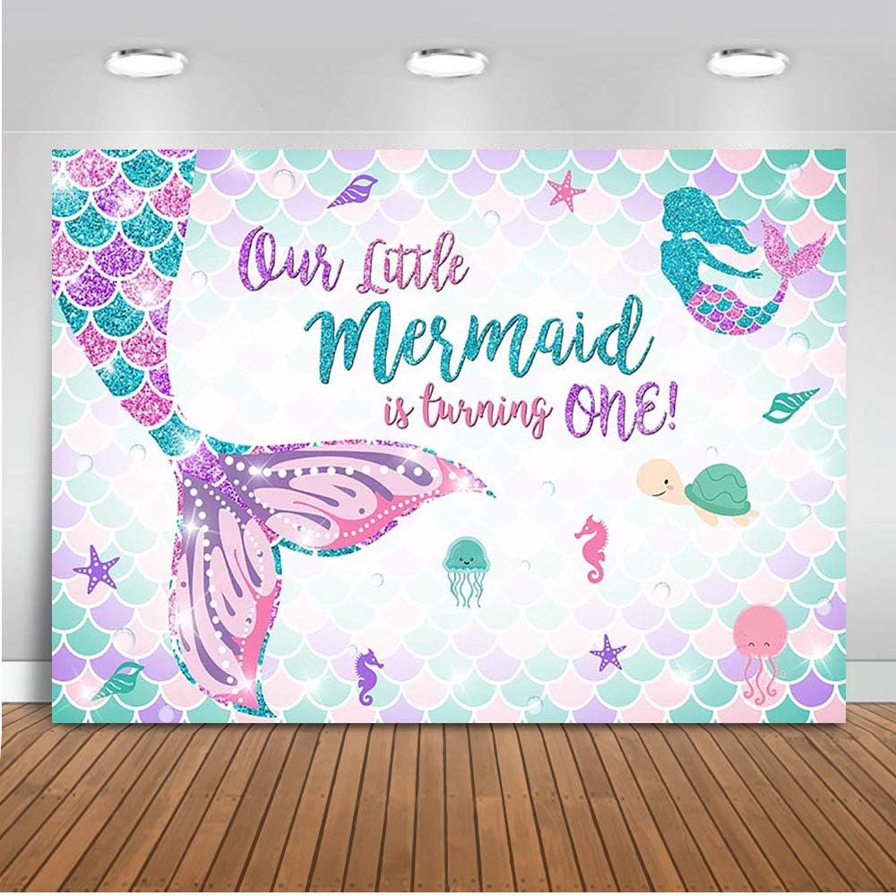 Avezano Little Mermaid One Backdrop 5x3ft Under The Sea Mermaid Scales Princess Photo Background Newborn 1st Birthday Party Decoration Supplies Baby Shower Dessert Table Banner