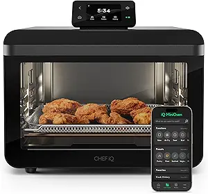 CHEF iQ MiniOven Smart Toaster Oven Air Fryer Combo, 11-in-1 Countertop Convection Oven, Bake, Broil, Air Fry, Broil, Dehydrate, 1750W, 25 Qt Capacity, Fast Cooking with Touchscreen Controls – Black