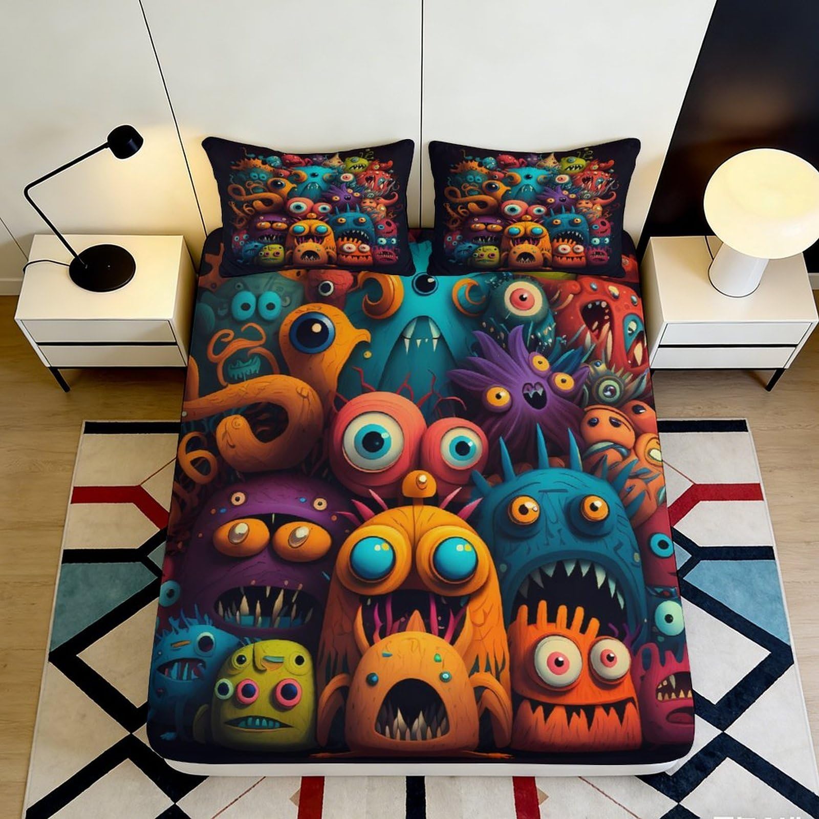 Uxinyoume Style-4 3D Printed Colorful Monster Fitted Sheet Microfiber Soft Anti-Slip Cartoon Creature Bed Cover For Bedroom Dorm Mattress Decor 90X200x25cm