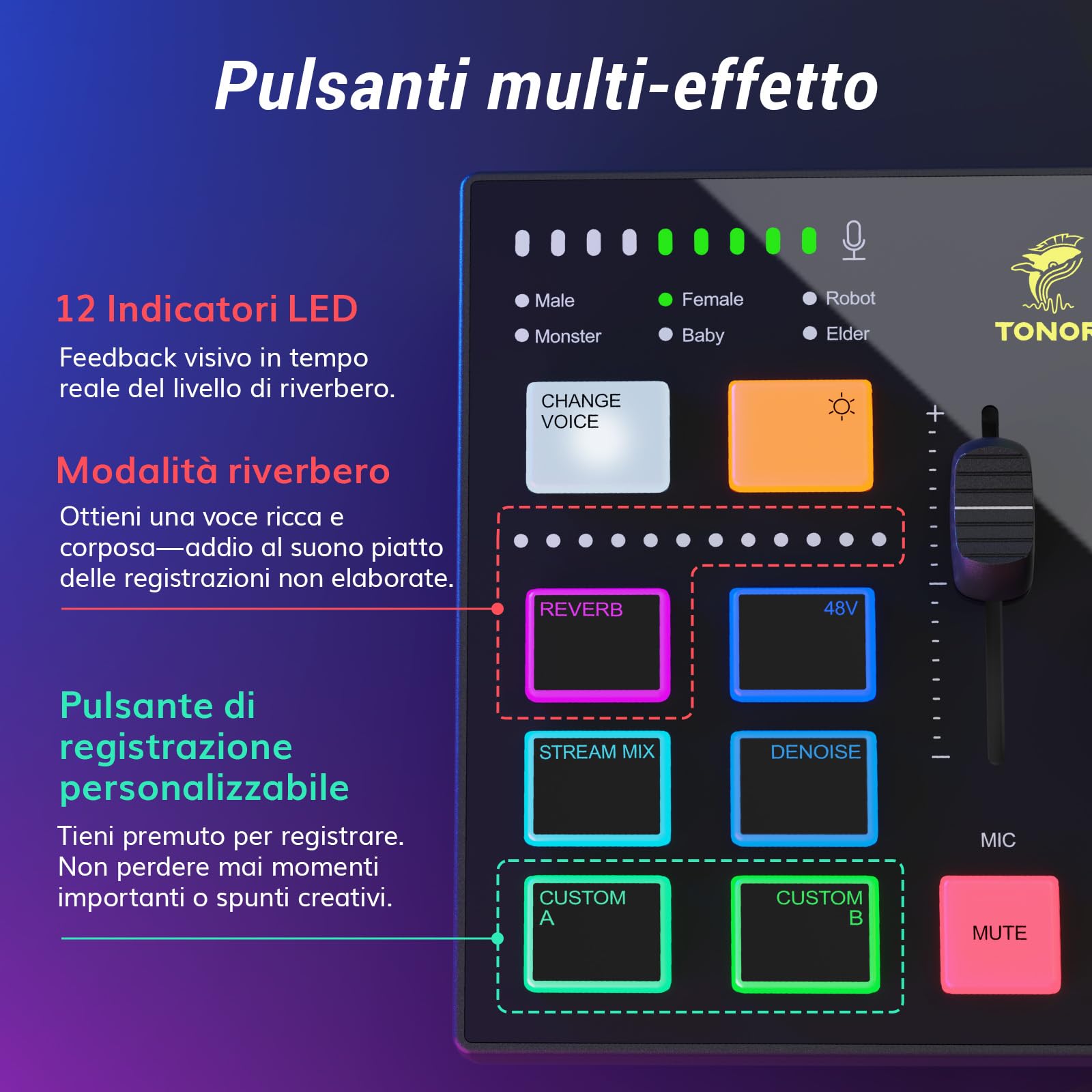 TONOR Gaming Mixer Audio PC, Mixer RGB con Canale XLR e 6,35 mm per Streaming, Podcast, Registrazione, Interfaccia Audio per TikTok, Youtube, Twitch, Controllo del Volume Individuale, Pulsante Mute