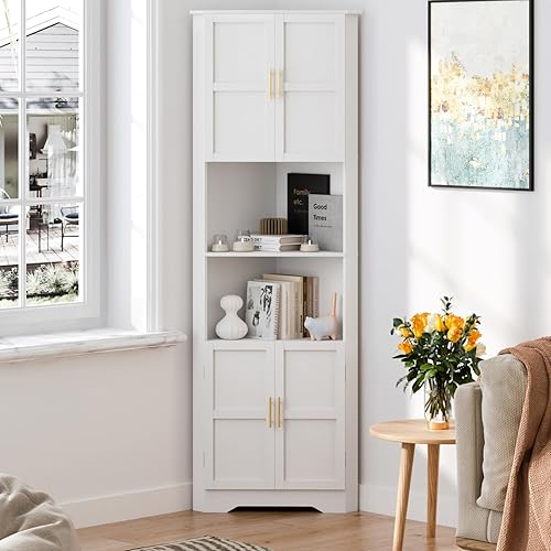 Corner Cabinet, 67'' Tall Corner Storage Cabinet with Adjustable Shelves and 4 Barn Doors for Living Room, Kitchen, Bathroom, White