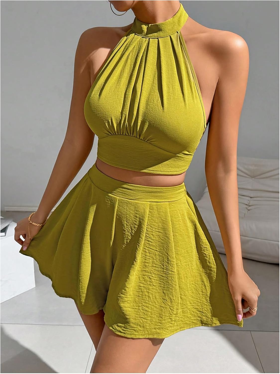 SweatyRocks Women's Halter CropTop and Ruffle Wide Leg Shorts Sets 2 Piece Summer Vacation Outfits - Image 5