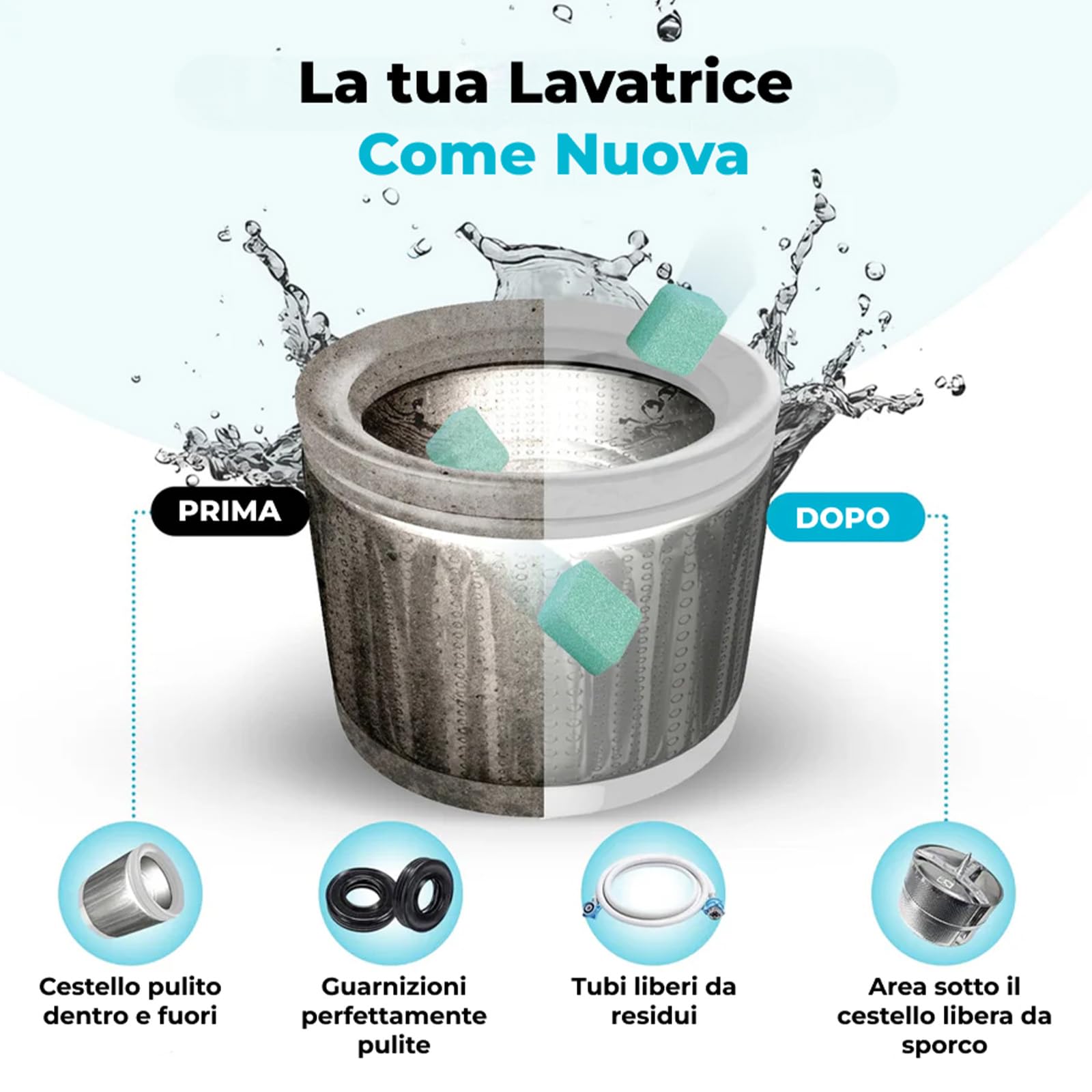 Varibee Pastiglie Pulisci Lavatrice, 24 Compresse Effervescenti Detergenti per Cestello, Guarnizioni e Tubi, Rimuove Residui di Detersivo, Sporco, Peli e Odori di Animali
