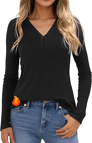 Camiseta Térmica Mujer Manga Larga Algodón Camiseta Interior con Encaje Cuello en V Camisetas Termicas Básica Top Ropa Termica Invierno