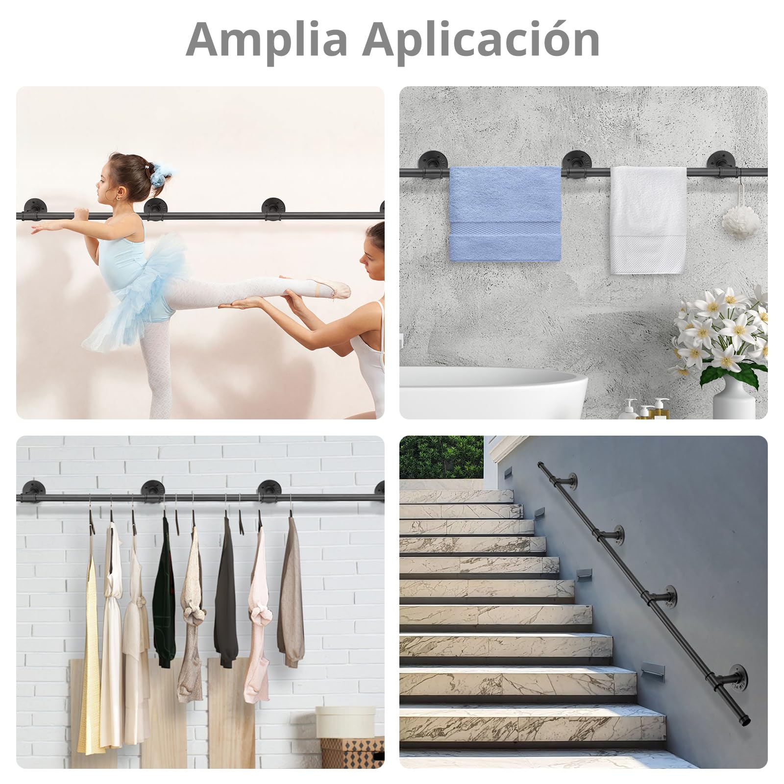 TANiCE Pasamanos Escalera 150 cm Negro de Acero Galvanizado Antideslizante Barandilla de Pared para Interior y Exterior con Soporte Seguro para Ancianos y Niños, Fácil Instalación Multifuncional