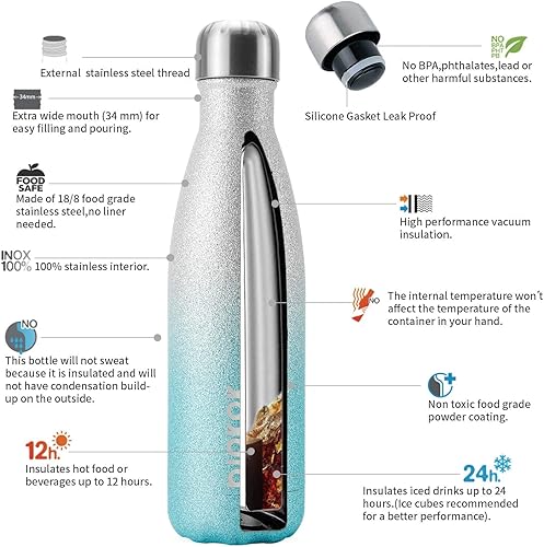 Miniatura 2 de BJPKPK - Botellas de agua aisladas de 17 onzas 500 ml, botellas de agua de acero inoxidable, botellas de agua deportivas que mantienen el frío