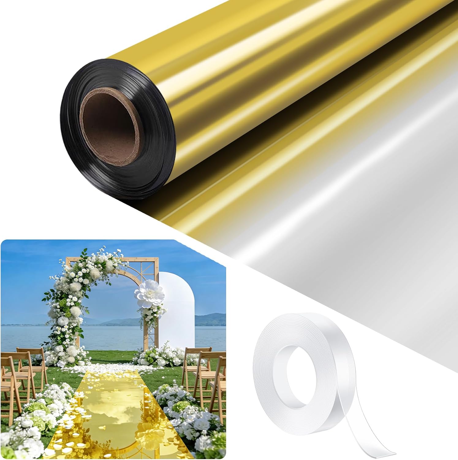 3.3ft x 98.4ft Mirror Rug Aisle Runner for Wedding,Double Sided Bright Reflective Decorative Carpet for Birthday Graduation Party Ceremony Decor(Gold/Silver)