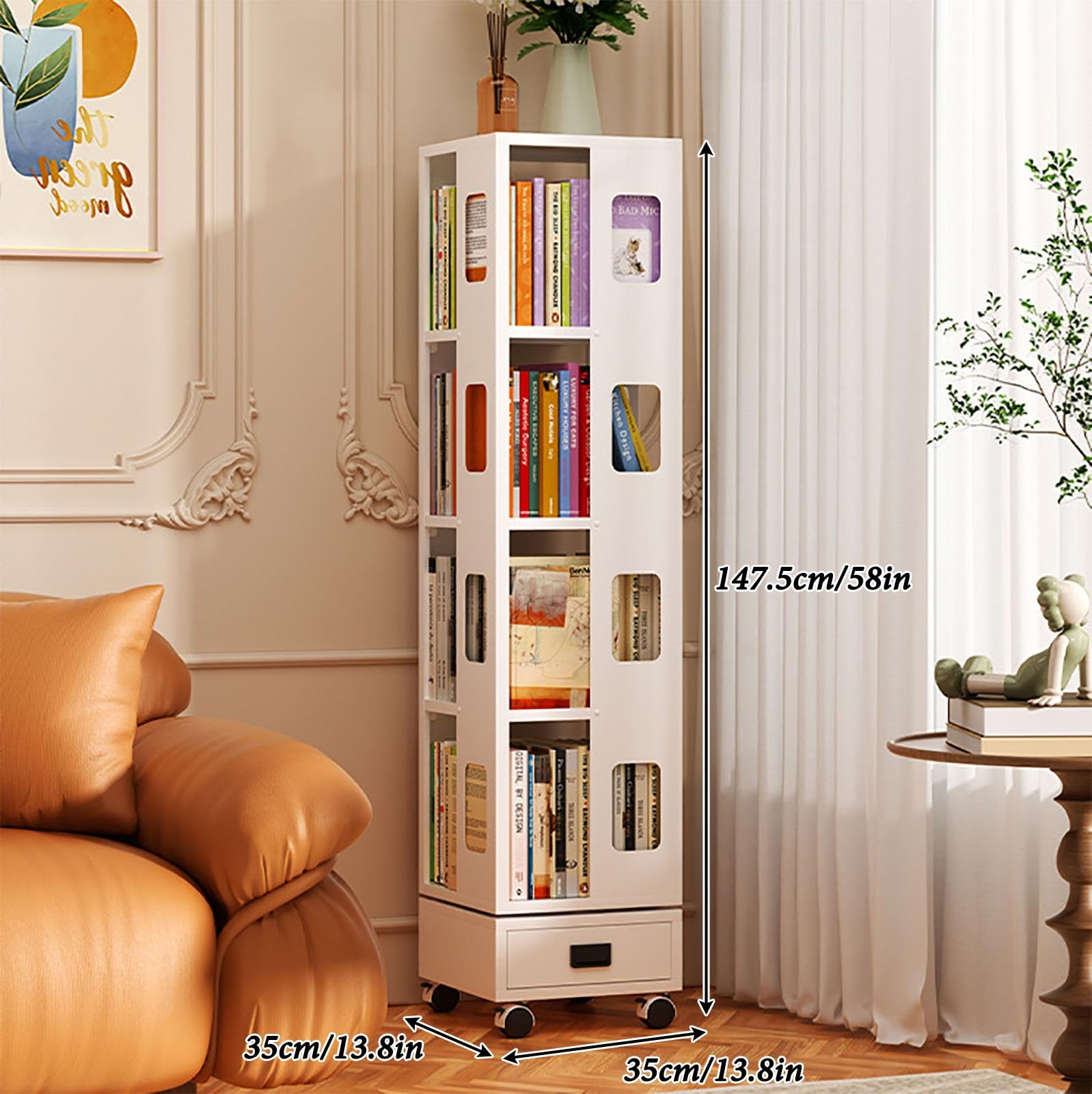 Drehbares Bücherregal Weiß Flycity 360° Drehbares Bücherregal – 5-stöckiger Bücherturm Für Kleine Räume (45x45x62cm) Rotierendes Bücherregal