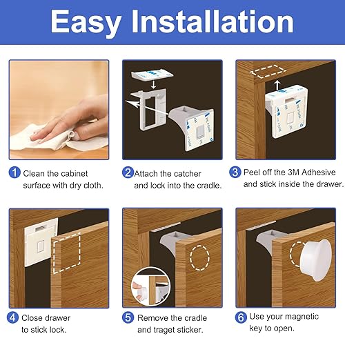 Miniatura 6 de Cerraduras magnéticas para gabinete a prueba de bebés, 4 cerraduras y 1 llave, cierres de seguridad adhesivos sin taladrar para armarios y cajones,