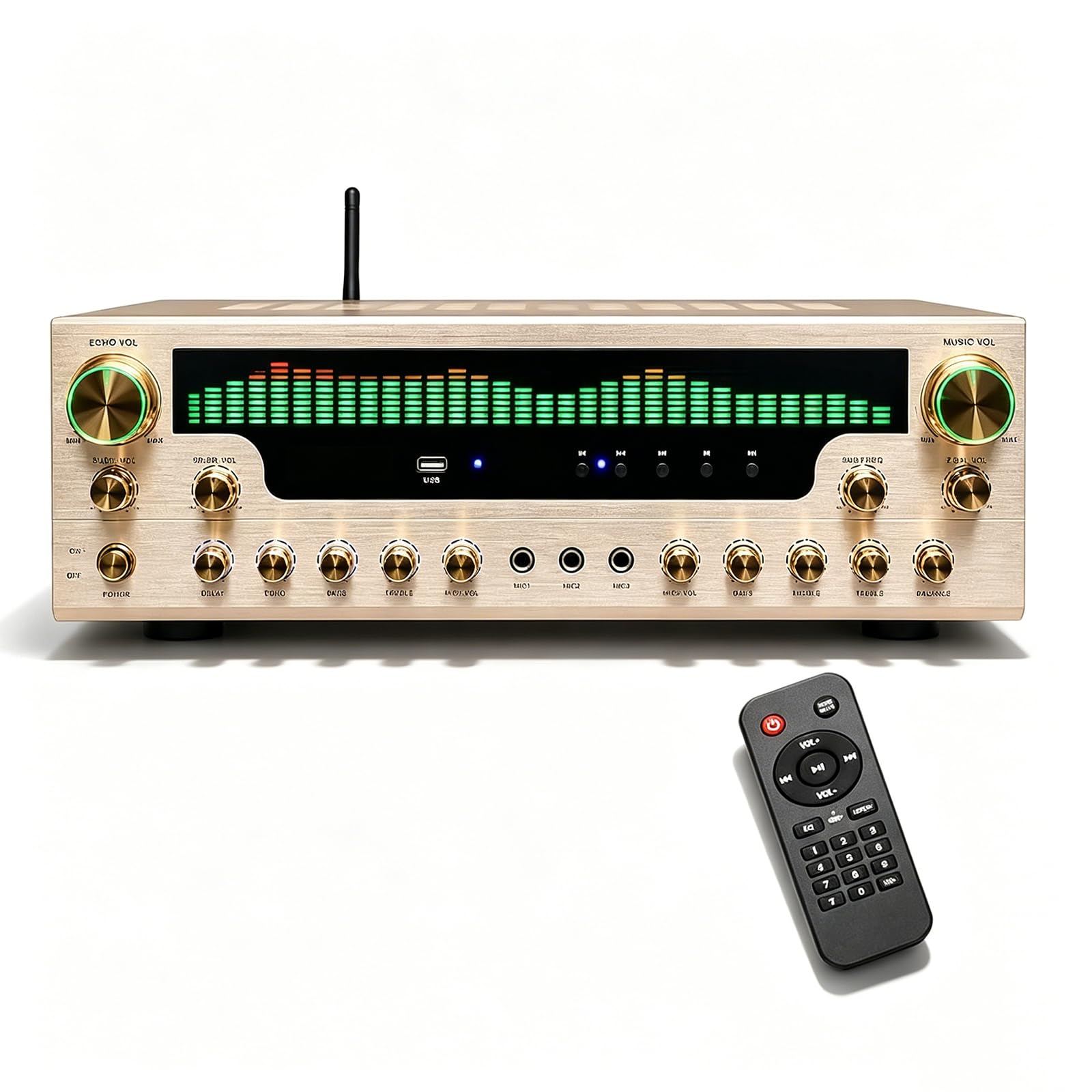 Receptor estéreo de 7.1 canales, amplificador de audio doméstico, con pantalla de espectro de 31 partes, reproducción Bluetooth 5.1/USB/entrada auxiliar/micrófono óptico/coaxial, con mando a