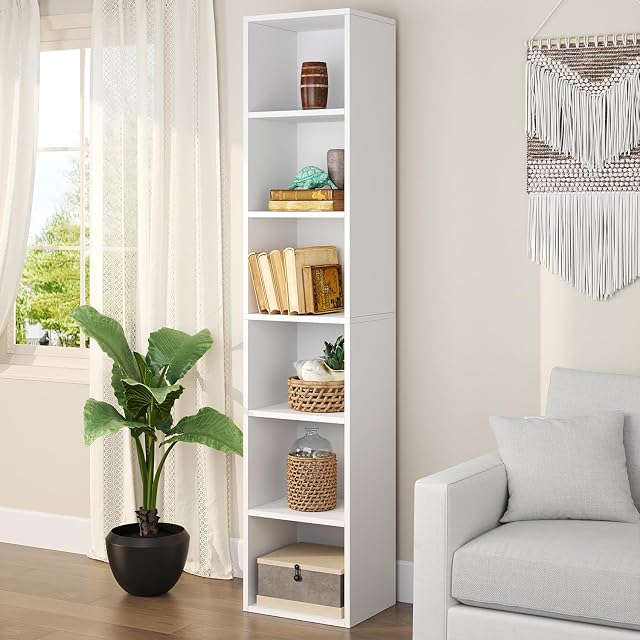 oneinmil Tall Narrow Bookcase, 6 Tier Cube Display Shelf, Modern Corner Bookcase, Home Office Storage Cabinet, Decorative Home Furniture,
