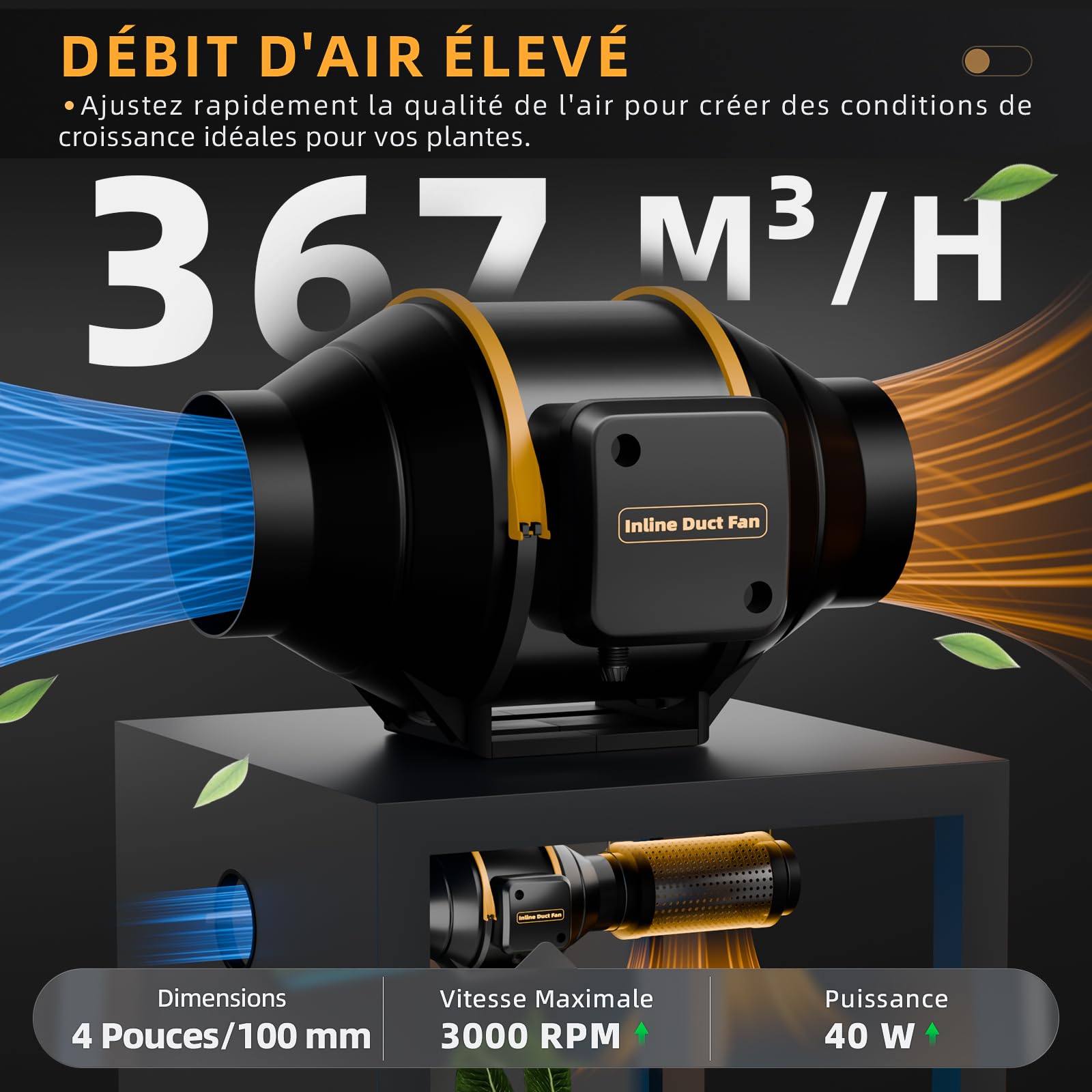 Extracteur d'air Intelligent 100 mm avec télécommande, minuterie et capteur de température et d’humidité, Double roulement à Billes, débit 367 m³/h, pour Tente de Culture, hydroponie, Garage