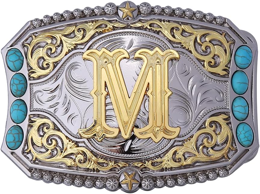Btilasif Turquoise Belt Buckle Western Cowboy Rodeo Initial Letters ABCDEFG to Z Belt Buckle for Men