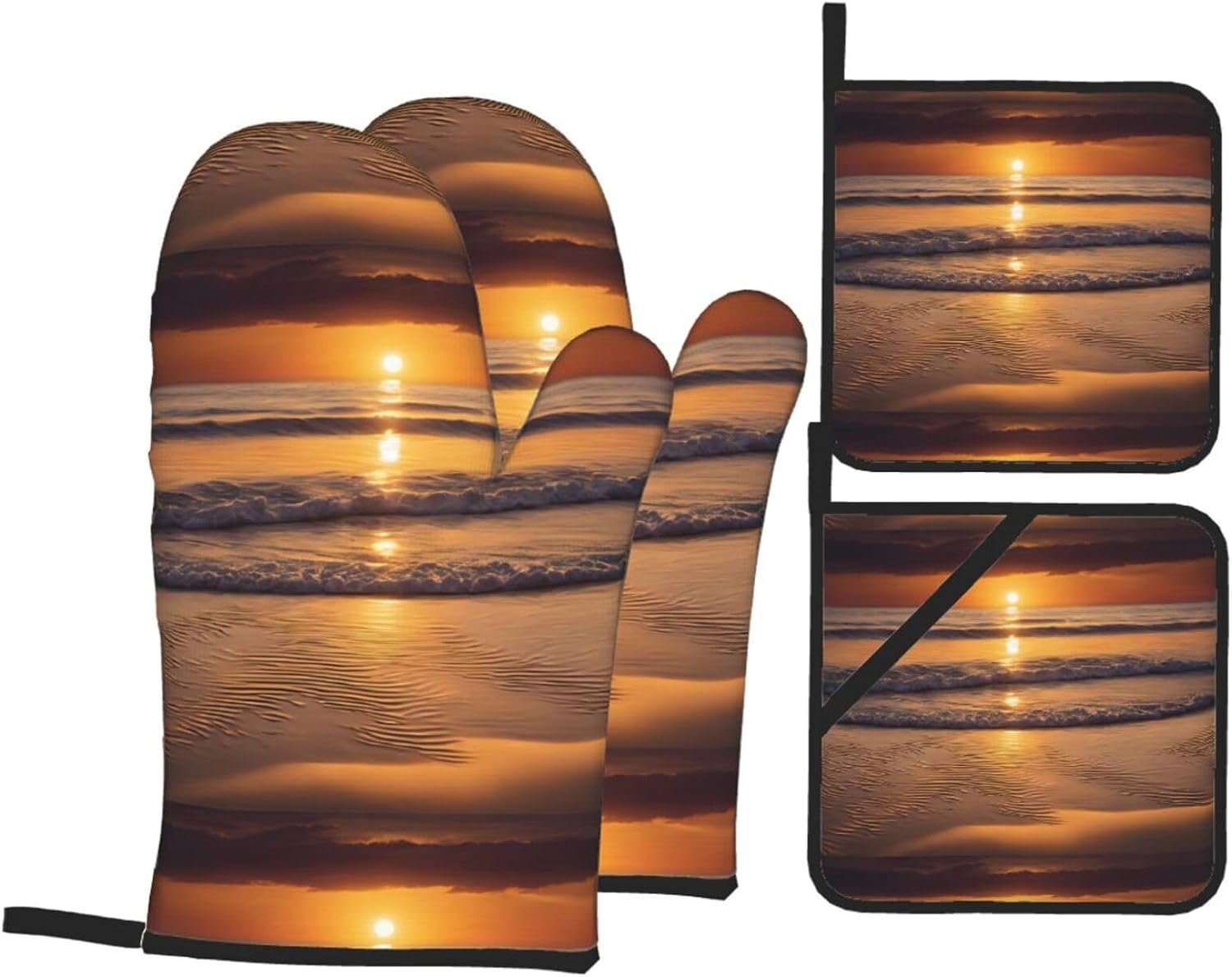 (Sunset Beach) Baking 4-Piece Set: 2 Oven Mitts and 2 Pot Holders Heat Resistant Waterproof Hanging Loop for Kitchen Oven Grill Housewarming Gifts