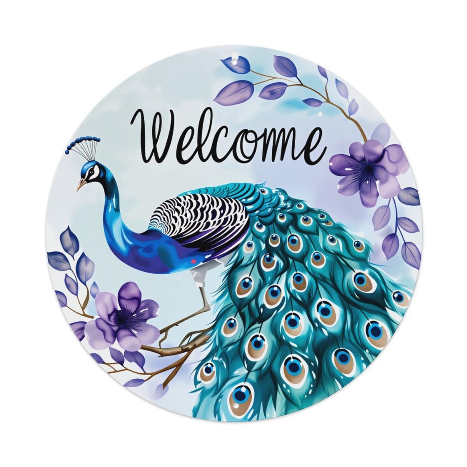 Wmlzdnwr Vintage Peacock Floral Welcome Design Pattern Print Round Tin Sign,Retro Wall Art,Metal Poster For Home, Bar, Garage, Cafe, Rustic Indoor & Outdoor Decor, 8X8 Inches