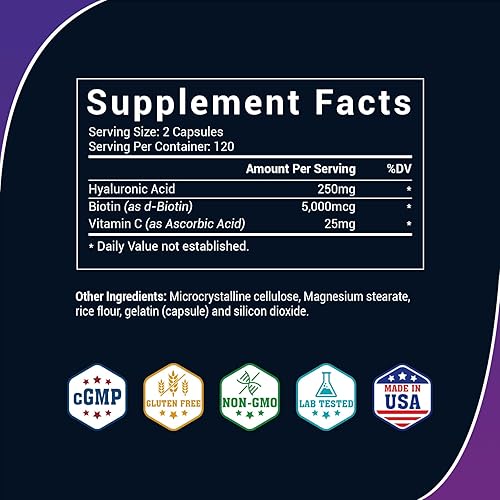 Vista 2 de BIO NUTRI Suplementos de ácido hialurónico 250mg240 cápsulas, con biotina 5000mcg y vitamina C 25mg - Piel, cabello y articulaciones 3 en 1 Apoyo (1)