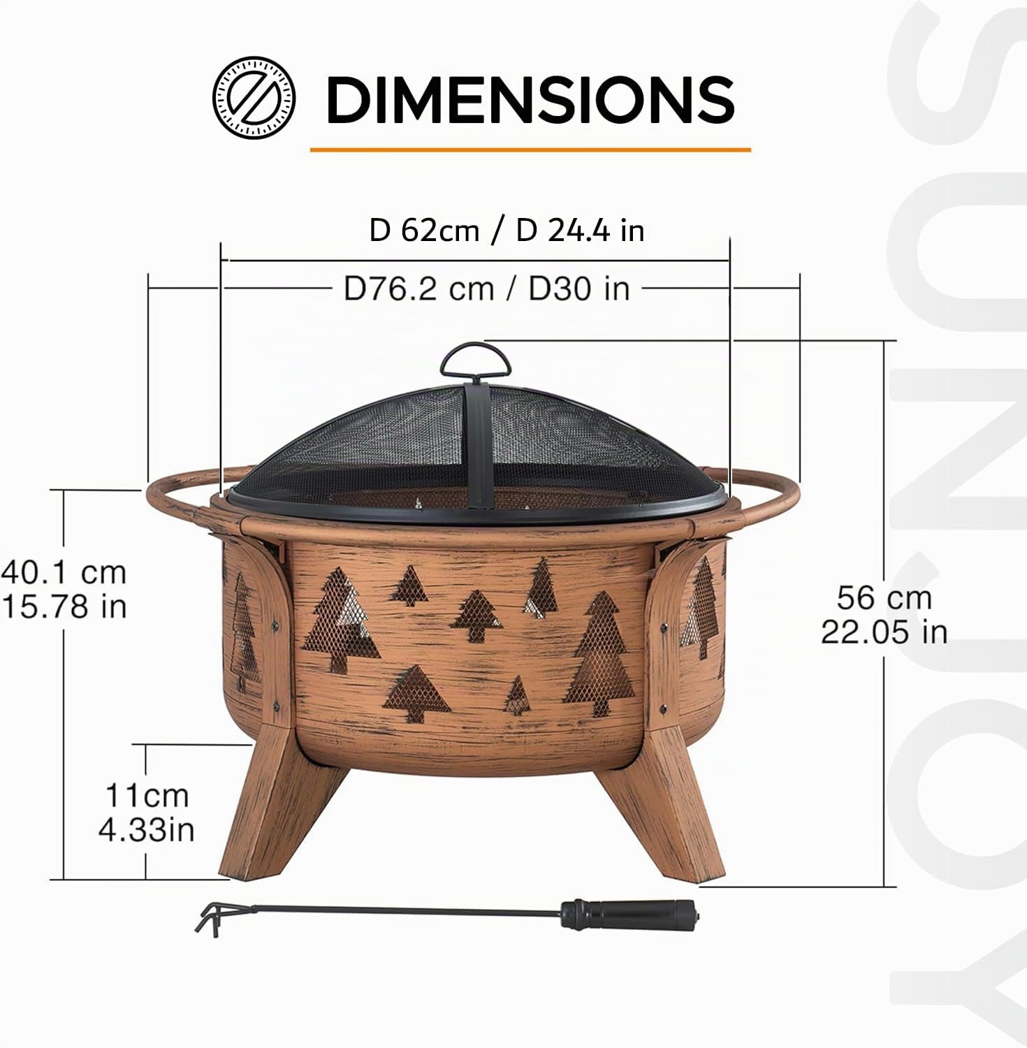 SUNJOY Foyer de Jardin, diamètre 76 cm, Brasero Rond en Acier avec Grille Pare-étincelles et tisonnier, Foyer à Bois d'extérieur pour terrasse, Couleur cuivre, Design Sapin de Noël